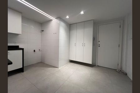 Apartamento para alugar com 229m², 4 quartos e 2 vagas Apartamento para alugar com 229m², 4 quartos e 2 vagasCobertura de piso de cerâmica branca e iluminação de LED no teto, com armários brancos e porta de madeira.