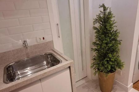Cozinha com pia e fogão, com uma planta de araucária no canto. de kitnet/studio à venda com 1 quarto, 38m² em Cerqueira César, São Paulo